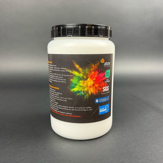 White DTF powder container with colorful label on a gray background