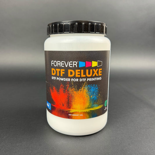 Container of Forever DTF Deluxe powder for DTF printing on a gray background