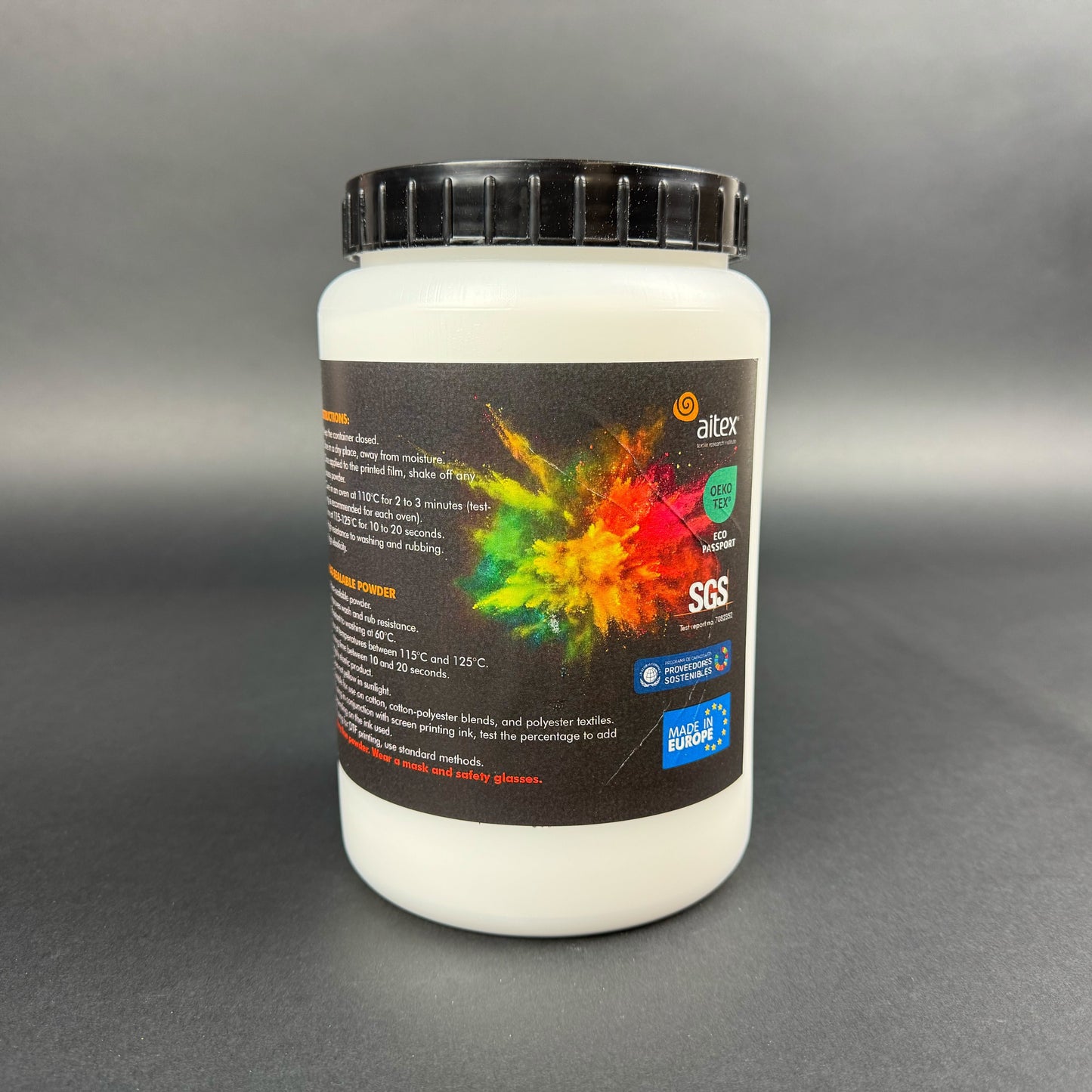 White DTF powder container with colorful label on a gray background